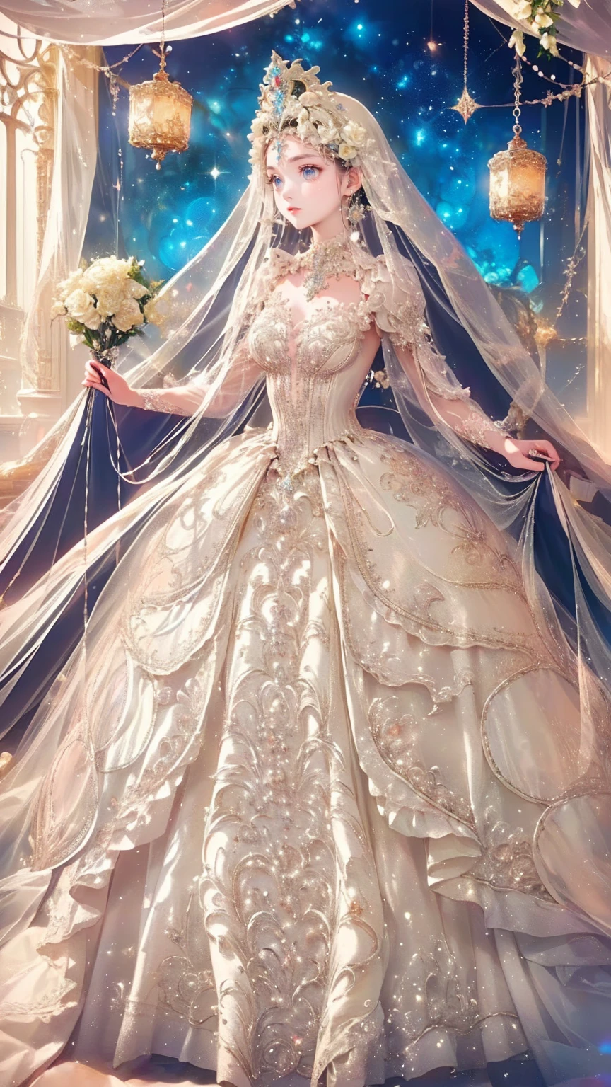 (( anime art style)),(masterpiece),( best quality), ( super detailed),(( very delicate and beautiful )),(((Alone))),(( Full Body Portrait)),((( Princess in a Gorgeous Princess Ball Gown and Voluminous Full Length Hoop Skirt))),((crinoline)),,((Standing in the garden)),(Gorgeous gemstone jewelry),  Detailed Face and Eyes  , jewel-like eyes ,(( straight hair massive , very voluminous hair, Super Long, Colorful Straight Hair )),((非常に繊細なflower)), clevis,VERY LUXURIOUS HAIR ORNAMENT ,(( Sparkling Jeweled Tiara )),(( dynamic angle )), look at the viewers,,flower,flowerびらが流れる,(((Voluminous Princess Dress )))