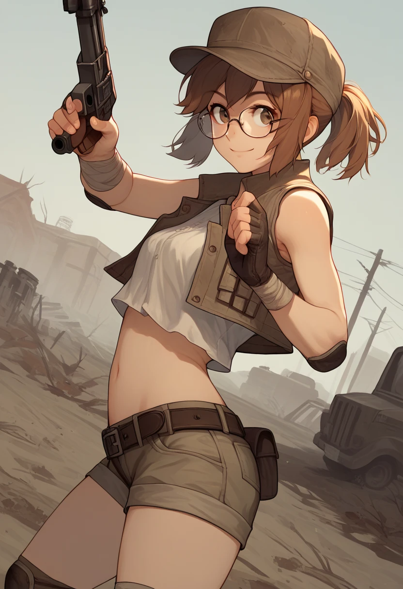 score_9, score_8_up, score_7_up, source_anime, fiogermi,1girl,fio germi, brown hair, glasses, medium hair, ponytail, brown eyes, crop top, hat, jacket, knee pads, shorts, sleeveless, navel, belt, outdoors, wasteland, gun, weapon, holding gun, aim gun, smile,looking at viewer, cowboy shot,dynamic pose, dutch angle, solo,side view