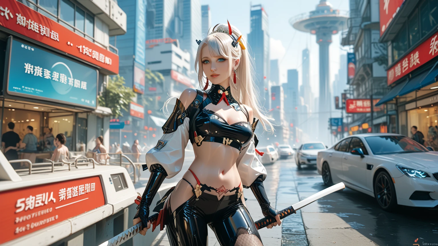 sunny day, on street, dark elf girl, platinum hair, 1 girl, in armor, long hair, standing, large breasts, Best quality, Photorealistic, detail, very detailed, detailed skin texture, in a black violet sport style suit, (Best quality,4K,Ultra detailed, realistic), A thin, fit girl stands, space, futuristic space suit, Cute face, Blue eyes, detailed eyes, Science fiction, huge breasts:1.1, Round breasts:1.1, rich colors, Backlight, cinematic lighting, film grain, born, 50mm lens, Nikon D850,ultra high resolution,Super realistic,Makeup, Violent and strongly cracked abdominal muscles,dark purple eyeshadow,big breast god,dark purple rouge