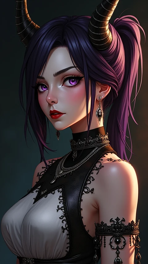 girl, woman, emo_hairstyle, black lipstick, collar, Eyeliner, eyeshadow, smoky eyes, realistic lighting, short hair, get up, Succubus, The Devil's Costume, bikini, horns, Devil's Tail, Yoruichi Shihōin