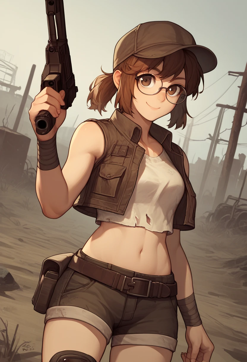 score_9, score_8_up, score_7_up, source_anime, fiogermi,1girl,fio germi, brown hair, glasses, medium hair, ponytail, brown eyes, crop top, hat, jacket, knee pads, shorts, sleeveless, navel, belt, outdoors, wasteland, gun, weapon, holding gun, aim gun, smile,looking at viewer, cowboy shot,dynamic pose, dutch angle, solo