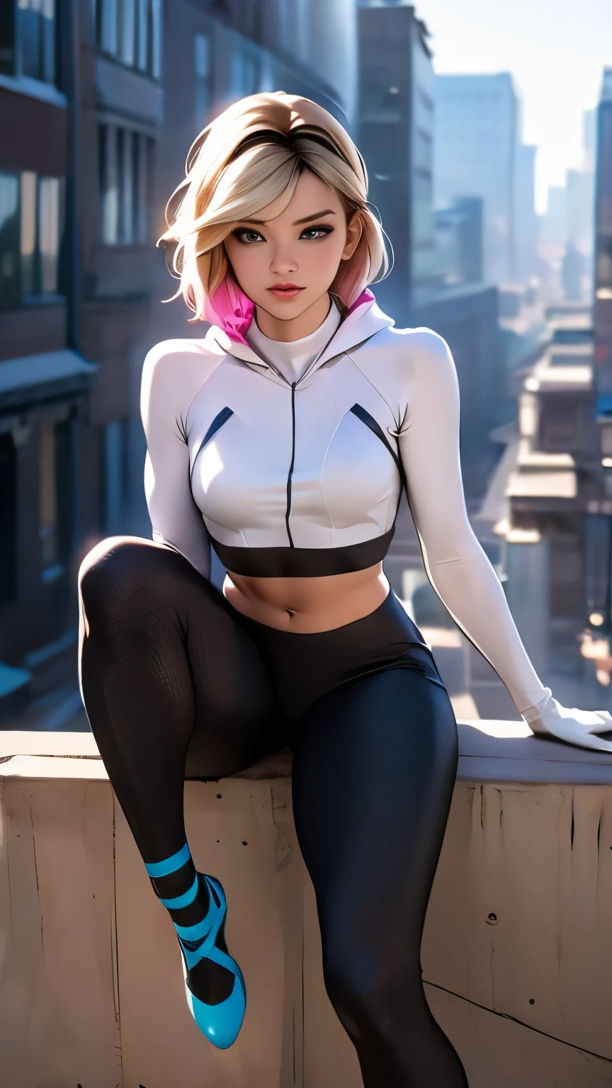 (Highly quality, masterpiece, detailed), city detailed scenario, city detailed background, solo, Gwen, blonde hair, multicolored hair, short hair, hairband, crop top, web-print, hood down, gloves, navel, sitting on top of a building, perfect face, beautiful eyes, look at the viewer, Sexy pose