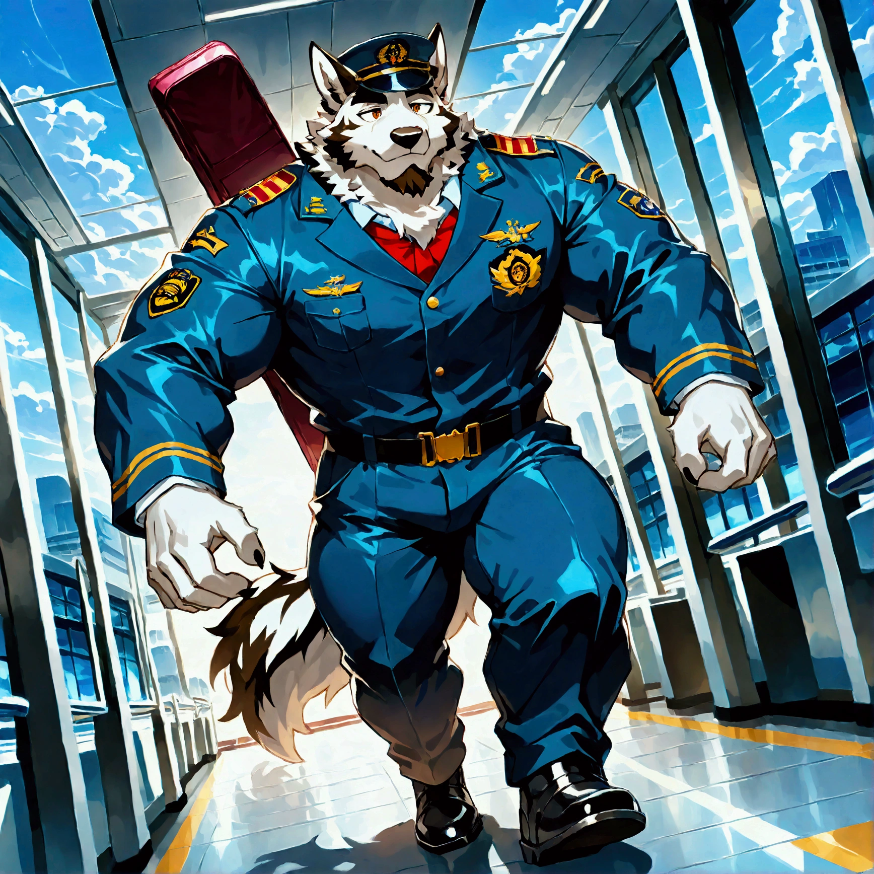 character focus, full body, looking away, dynamic angle, airline pilot, a middle-aged clothing white shepherd man, BREAK full body in Michelangelo Buonarroti style, housamo style, digital illustration anime, airline hat, airline black color suit, trolley case, walking, detailed painting landscape, morning, airport, passenger terminal, indoor, full color, HDR, BREAK complete anatomy, perfect proportions, beautiful thigh gap, fluffy body, intricate fur details, beautiful fur texture, BREAK a detailed white shepherd 1tail, detailed shoes, beautiful foot, detailed hands, 5fingers, 5fingers nails, BREAK aesthetic anime face, insanity detailed face, male face, big face, square jawline, aesthetic anime eyes, detailed brown eyes, detailed brown cornea, detailed dark brown irises, detailed pupils, male eyes, big eyes, male eyebrows, innocent look, beautiful beard, BREAK masterpiece, official art, best quality, very aesthetic, absurdres, super fine illustration, great quality, BREAK noise reduction, very highres, large filesize, high quality, 32K, 8k wallpaper, dynamic lighting, BREAK insanity detailed, ultra detailed, intricate details, extremely detailed, detailed texture, an extremely delicate and beautiful, BREAK e621 illustration, osukemo, kemohomo, anthropomorphic, furry, cartoon, harmonious eyes, pastoral face, virtuous body, airport atmosphere 