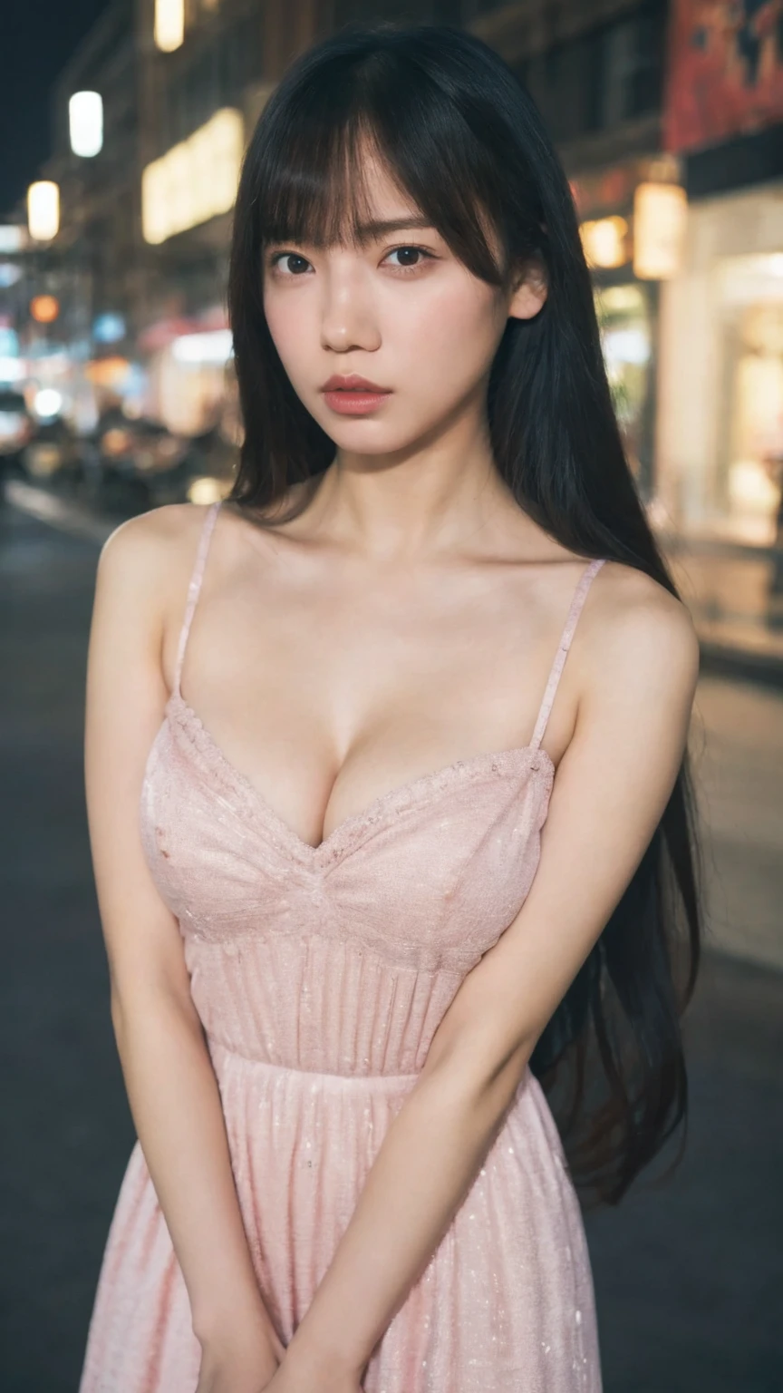 1girl,(wearing a pink glittery evening mini dress:1.2),(RAW photo, best quality), (realistic, photo-realistic:1.4), masterpiece, an extremely delicate and beautiful, extremely detailed, 2k wallpaper, Amazing, finely detail, extremely detailed CG unity 8k wallpaper, ultra-detailed, highres, soft light, beautiful detailed girl, extremely detailed eyes and face, beautiful detailed nose, beautiful detailed eyes,cinematic lighting,city lights at night,slender body,(long hair with bangs),(big breast:1.2), ((crossed legs)).