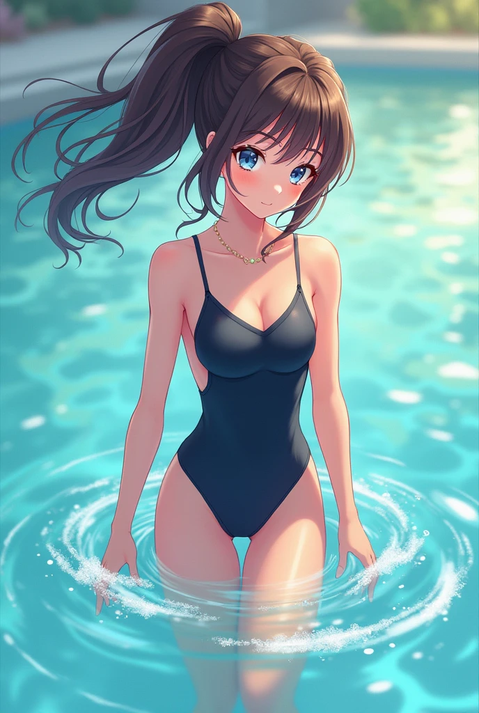 A cute Japanese idol-type woman wearing a navy blue swimsuit, standing by the pool with a shy expression, cute, sexy, beautiful woman, beautiful woman, Japanese beautiful woman, black hair in a ponytail, directing her gaze, 