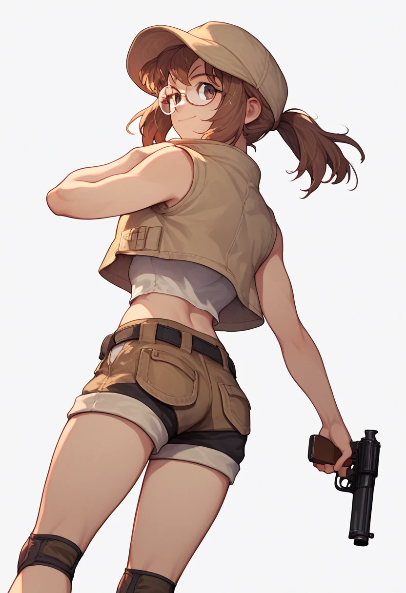 score_9, score_8_up, score_7_up, source_anime, fiogermi,1girl,fio germi, brown hair, glasses, medium hair, ponytail, brown eyes, crop top, hat, jacket, knee pads, shorts, sleeveless, navel, belt, gun, weapon, holding gun, aim gun, smile,looking at viewer, cowboy shot,dynamic pose, dutch angle, solo,back view, ass, white background, no background