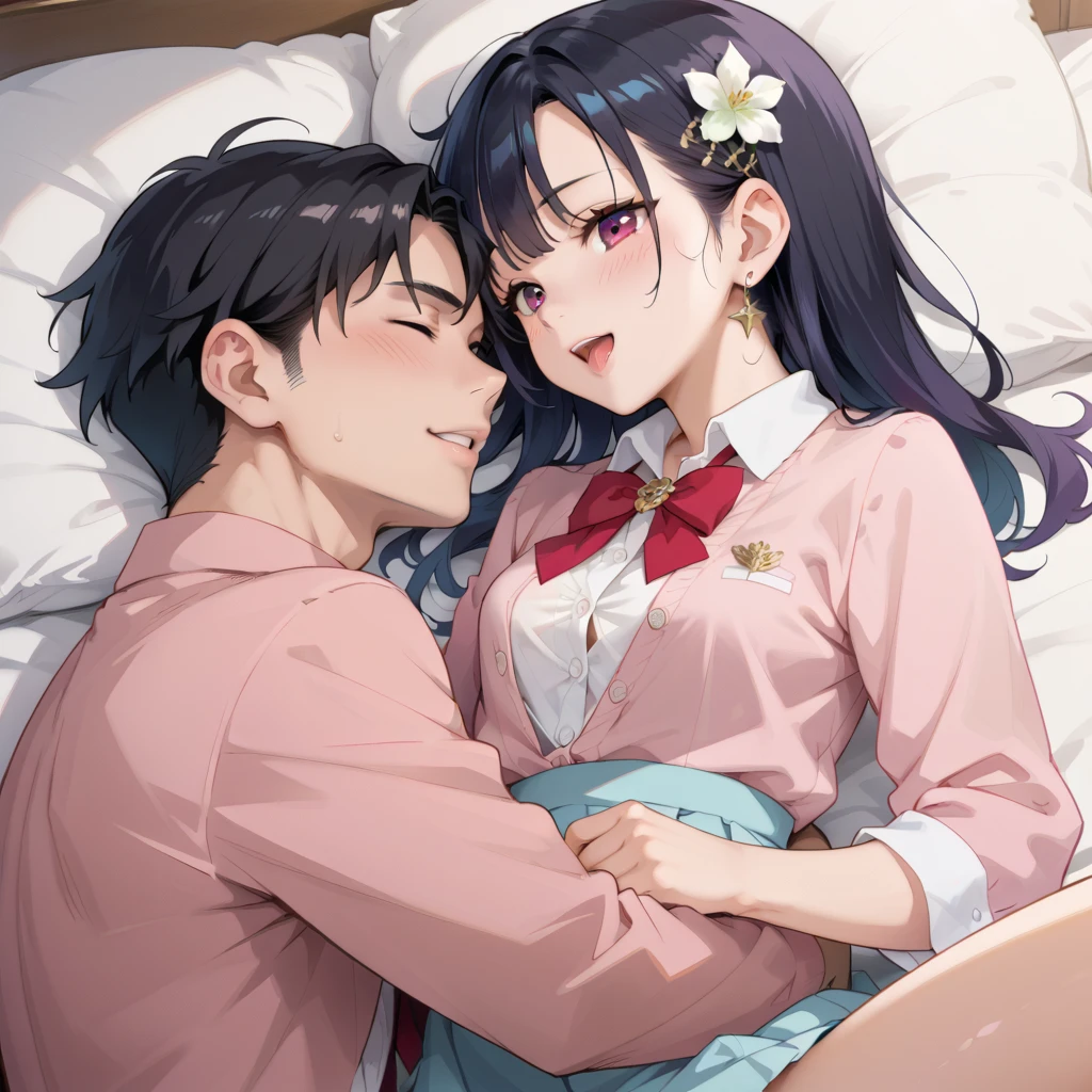 1 male、 man hugs a beautiful girl with long black hair like a -yeld idwith an innocent face, like the heroine of an anime,Her pink uniform shirt is buttoned off and her boobs are visible ,, Max Image,Girls Bedroom， during sexual activity,sex, expression of agony，Intense movement