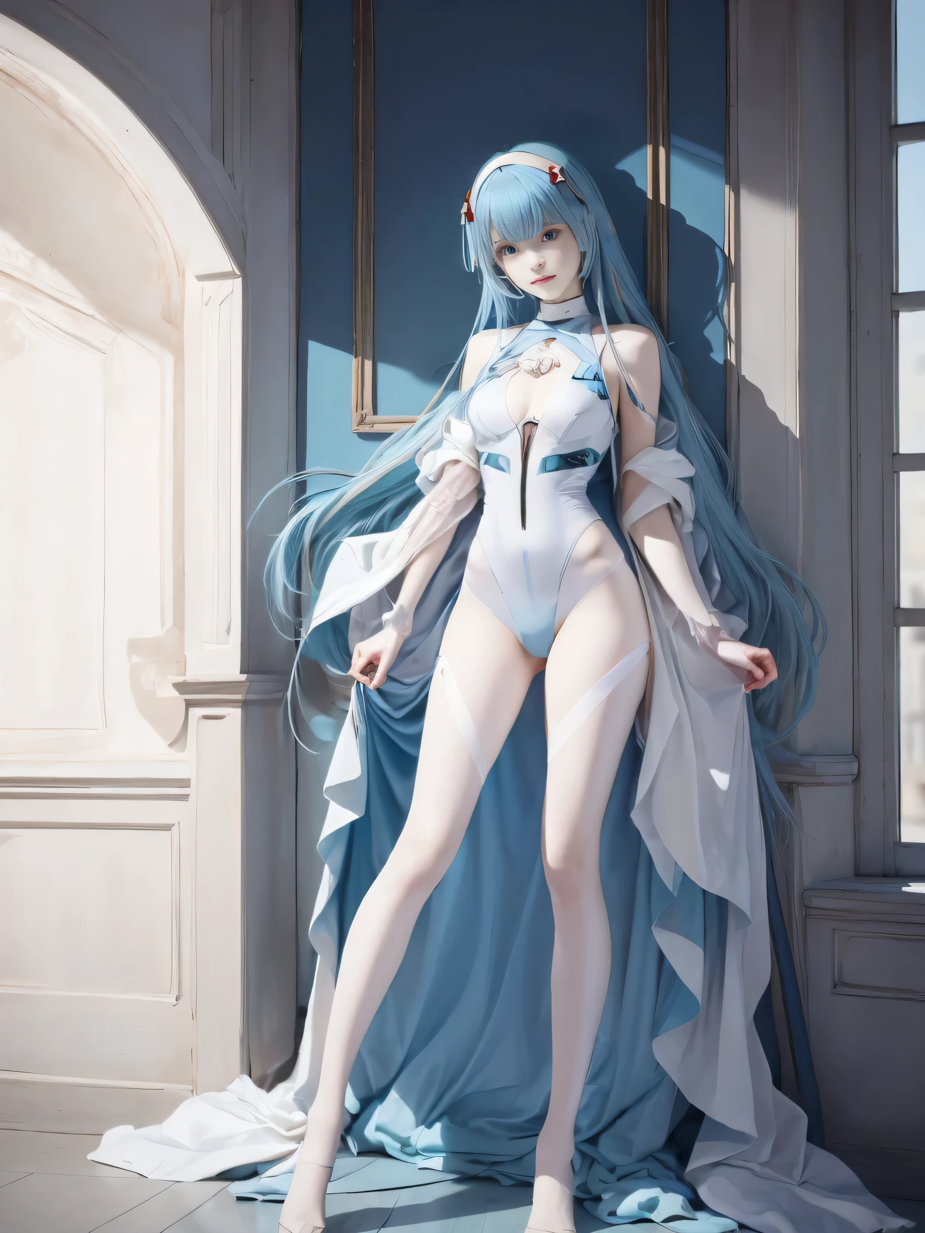 "Full body view of Kim Chaewon in a white fantasy revealing outfit with blue hair. She is standing confidently using dark powers, with a slight exposure of her midriff and a petite figure. The photo is captured in UHD 4K, exhibiting exquisite details."
