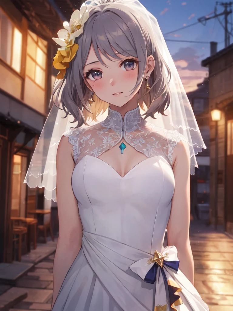 Alone, 1 girl, (human ears, earrings), (Anime Face, kissing face), (hair ornament), (((pure white bridal dress))),( Sunset Sky, Sunset), Evening Sky), (Focus on Chest, Oblique angle), (High Resolution, Masterpiece, Accurate, Anatomically Correct, Multiple Award Winning, Top Quality, Detailed , high quality model, high quality, retina, highly detailed) , textured skin, super high resolution)