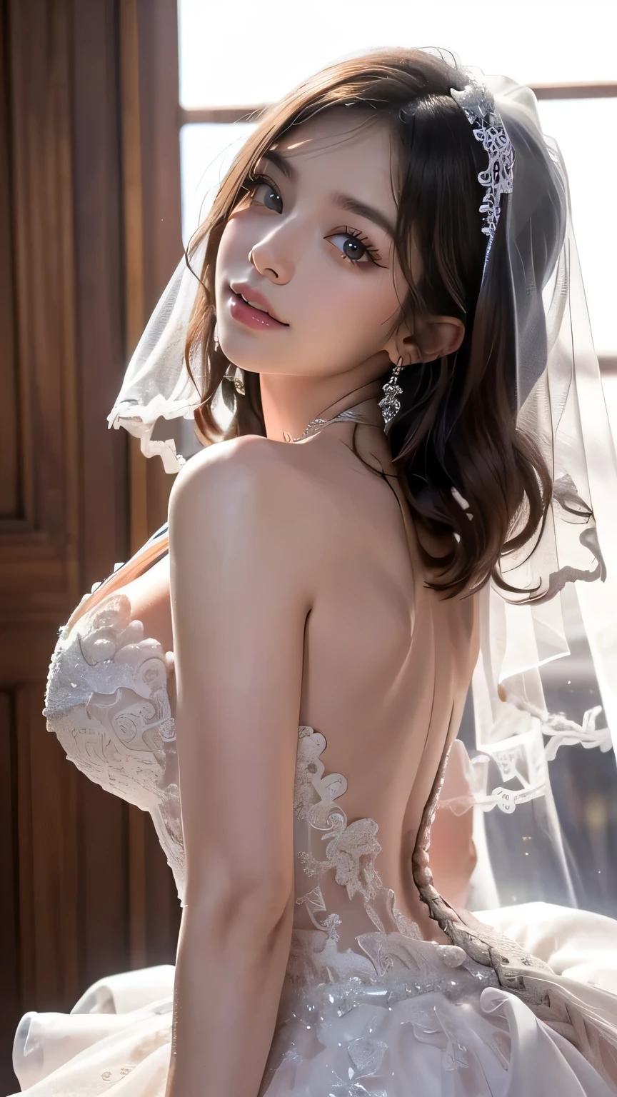 (((  best quality))), ((masterpiece)), (   Details),(((( Front Shot )))), ((alone)),( ((((girl wearing a wedding dress))))), (((  Big Breasts , Clevis, big butt  , Tight Thighs ,Slim waist,細身の体))), ((  GROWING SKIN,  white skin,  GROWING SKIN)), Mysterious Light,  camel toe,Camel hoof,((Beautiful small nipples)), (((( Angle that captures the face and whole body  )))), (((  well-prepared face))), (( big eyes)), ((((((Droopy eyes)))))), ((((  close your eyes  )))),((((  accurate anatomy)))),     Completely-valid , pink cheeks,  eyeshadow,  earrings for a woman alone,  Necklaces  , ruanyi0263,bridal Veil,wedding dress,Veil,white dress,bride,lace,