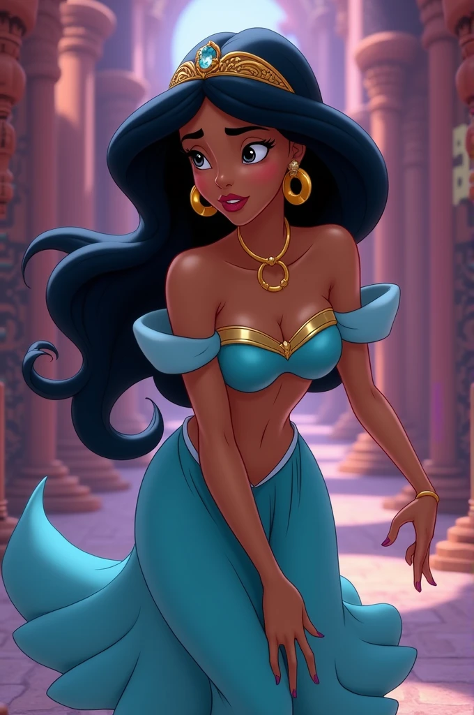 Capture a moment of deep contemplation by painting a full-body portrait of Jasmine, the princess of the kingdom of Agrabah in Aladdin. Her expression should be a mixture of curiosity and a hint of unease, as if she is deeply questioning reality and her place in it. Her large eyes should be wide open, reflecting the surreal world of the desert kingdom of Agrabah. Genie the jolly lamp fairy, Aladdin, the Wizard, etc. The lighting is soft yet dramatic, and the suitors, who are only pretentious, are affectionate and crave freedom. A modern woman who is intelligent, strong and sometimes uses her own beauty as a weapon. The colour palette mixes soft pastels with dark, introspective tones, creating a balance between innocence and her complex thoughts.