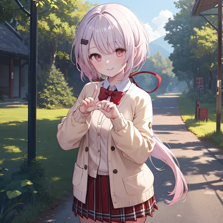 (( best quality)), ((masterpiece)), (  Details), ( ultra high resolution with forest background)、aayuika、
 Very Long Hair 、 that pees 、 pink hair、Gray Hair、 low ponytail 、 hair bow 、 hair clips、 red ribbon 、 brown cardigan、 Long Sleeve 、Sleeves to wrist、 pleated skirt、 red skirt、 Plaid Skirt 、
 perfect face、超 Detailsな肌、超 Detailsな瞳、 perfect body for a lawn、(Accurate Fingers、Accurate hands)、 
whole body、 standing、( cowboy shot 1 · 3)、
 Smile with Closed Mouth 、
blue sky、bustling street、 professional lighting、８k、