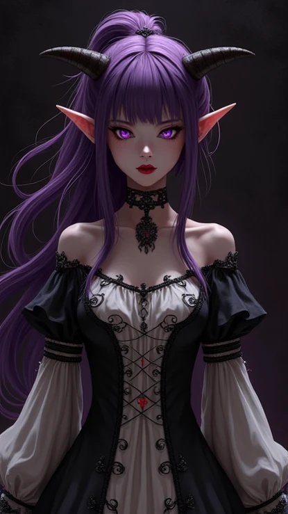 vampire Girl pale purple hair Red eyes It has wings A hat with frills Wearing a skirt, a one-piece garment White skin cool