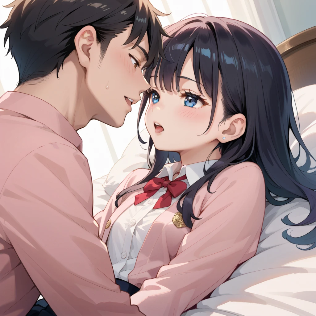 1 male、 man hugs a beautiful girl with long black hair like a -yeld idwith an innocent face, like the heroine of an anime,Her pink uniform shirt is buttoned off and her boobs are visible ,, Max Image,Girls Bedroom， during sexual activity,sex, expression of agony，Intense movement， value