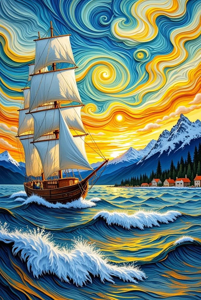 ((masterpiece))  ((Highest quality)) Expressionist painting in the style of Van Gogh, featuring bold brushstroke traces in 3D relief. A sailing ship is depicted navigating the sea, with swirling waves and vibrant, textured skies. The brushstrokes are thick and dynamic, creating a sense of movement and depth, with bright yellows, blues, and greens, evoking a feeling of energy and emotion. The sea is alive with swirling patterns, and the ship's sails are full of vibrant, flowing color, capturing the intensity and drama of the scene.