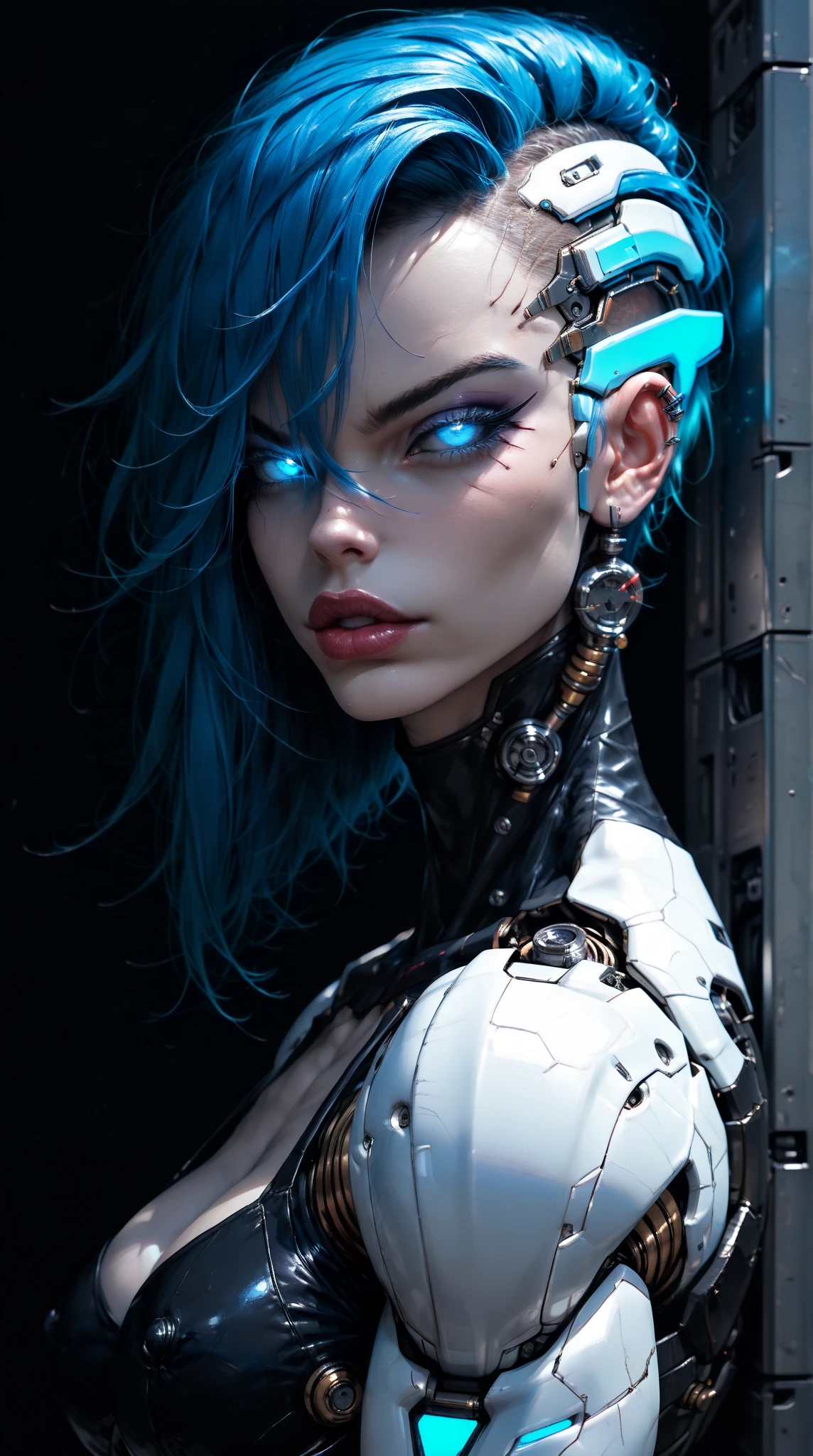 score_9, score_8_up, score_7_up,beautiful teenage muscular goth cyborg girl, (black sclera:1.25), (blue glowing eyes:1.25), (blue glowing body veins:1.25),(((muscular bodybuilder physique:1.45))), ((((extreme muscular hypertrophy:1.25)))), (flat muscular pecs:1.25), (full Cyborg bio-mecha exosuit:1.5), ((skinny thin legs:1.25), (blue glowing hair:1.25),(beautiful face:1.25), bimbo lips, cowboy shot, gothic neon style, cyber punk style, zPDXLxxx, zPDXL3, zPDXLrl