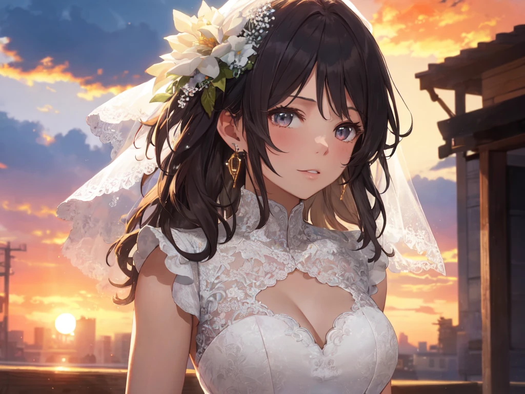 Alone, 1 girl, (human ears, earrings), (Anime Face, kissing face), (hair ornament), (((pure white bridal dress))),( Sunset Sky, Sunset), Evening Sky), (Focus on Chest, Oblique angle), (High Resolution, Masterpiece, Accurate, Anatomically Correct, Multiple Award Winning, Top Quality, Detailed , high quality model, high quality, retina, highly detailed) , textured skin, super high resolution)