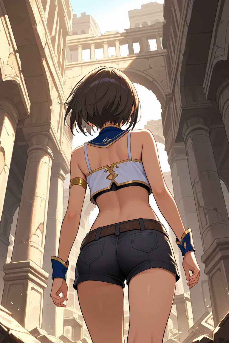 1 girl, (solo:1.5), nadia la arwall, outdoors, blue sky, cloudy, ultra-detailed, 8k, masterpiece world theater, textured skin, beautiful detailed face, beautiful detailed eyes, ambient light, realistic shadows, beautiful detailed pupils, cute, 1girl, solo, green eyes, dark skin, short hair, navel, bandeau, vest, bracelets, earrings, hair ornament, loincloth, bare shoulders, necklace, neck ornament, on all fours, ass cowboy shot, from behind