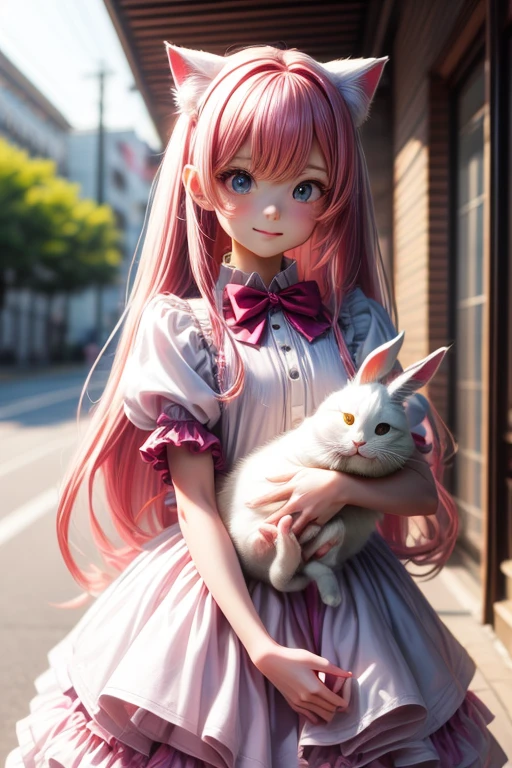 a super cute pixar style white fairy rabbit,shiny snowwhite fluffy,big bright eyes,fluffy tail,Wearing pink School uniforms,wearing Light pink a Mortarboard cap and sunglasses,smile,delicate and fine,fairy tales,incredibly high detailed,pixar style,bright color,natural light,simple background with pure color,5 and octane render,trending on artstation,gorgeous,ultra wide angle,50M,hd realistic,5OMhd realistic