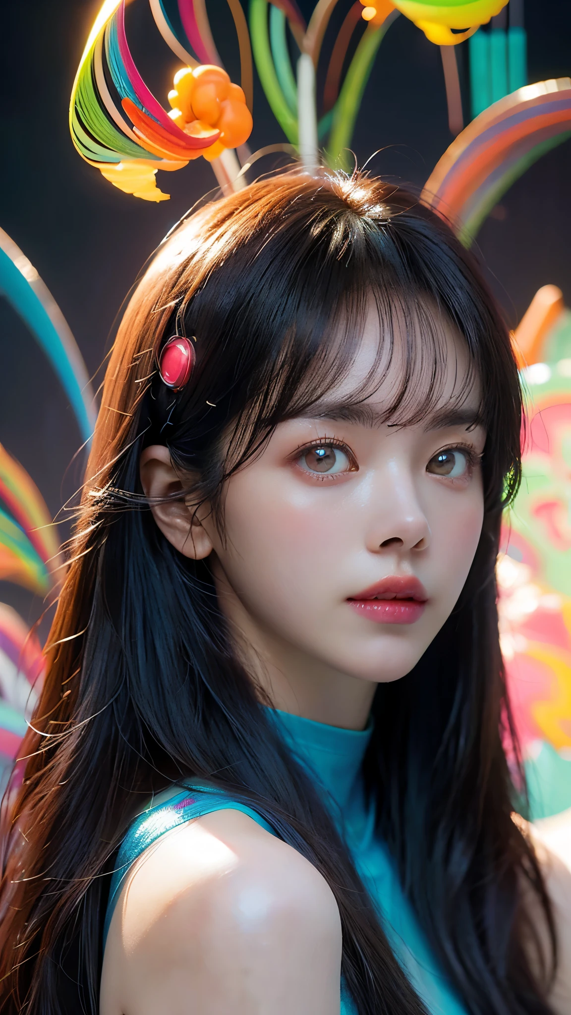 (masterpiece, highest quality, highest quality, Official Art, beautifully, aesthetic:1.2), Staring at the viewer, Portrait Photography, (Cyberpunk beautiful girl 1 person), Big iridescent eyes, Beautiful skin, (Pink and blue long hair with bangs), Very detailed, (Neon colored fractal art:1.3), Perfect lighting, Sharp focus, High resolution, High resolution, High color rendering, High resolution, Super realistic,