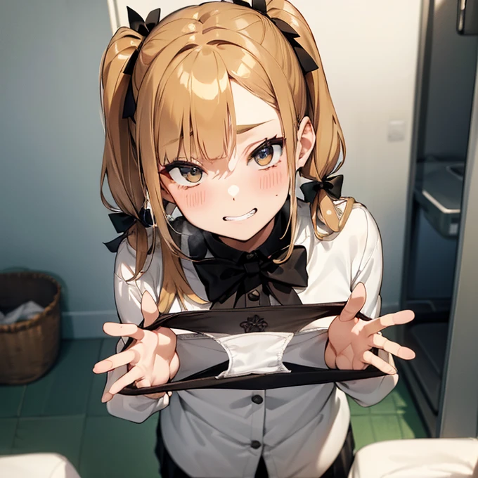 One girl,
Laundry room,washing machine, Laundry basket, a few underwears are in a Laundry basket,
Blonde, {{{Half Twin Tail:1.3}}}、break,blush, bow, 赤いbow, Long sleeve, shirt, 襟付きのshirt, skirt, プリーツskirt, 黒いskirt, Small breasts,
{{{Face close-up}}},Upper Body,,Pay attention to the panties,Quality underwear,
Look down,View your viewers,
Panties as a gift,(Lace panties:1.5)
Tabletop, Highest quality, , Absurd, Perfect Skin, Detailed skin texture, Ultra-detailed, 8K, Intricate details, Beautifully detailed face,High resolution,
 {{{Shadowed face}}}, mock, {{{Grit your teeth:1.2}}}, Grin, smile, Looking down at the viewer, masterpiece,Absurd, Beautiful detailed face when viewed from the front,