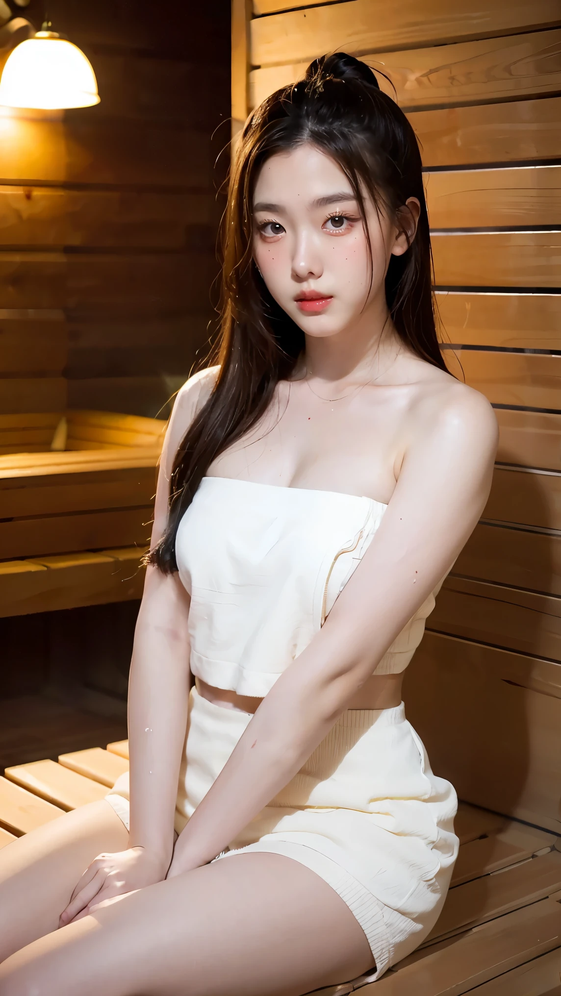 1Girl, Solo, (Masterpiece, Best Quality, 8K,,Photorealistic, real girl, mulberry:1.37), looking up at viewer, Slender body type: 1.1,, Sitting, sauna, A dark-haired, (Sweaty face, Sweaty body: 1.2): 0.2, (White Oversized Towel Dress, strapless),  realistic body, makeups, Gloss slip, focus on face, smaller face, Sharp focus, Layered Cut, facing the viewer, The sauna has the following.., shot from the front