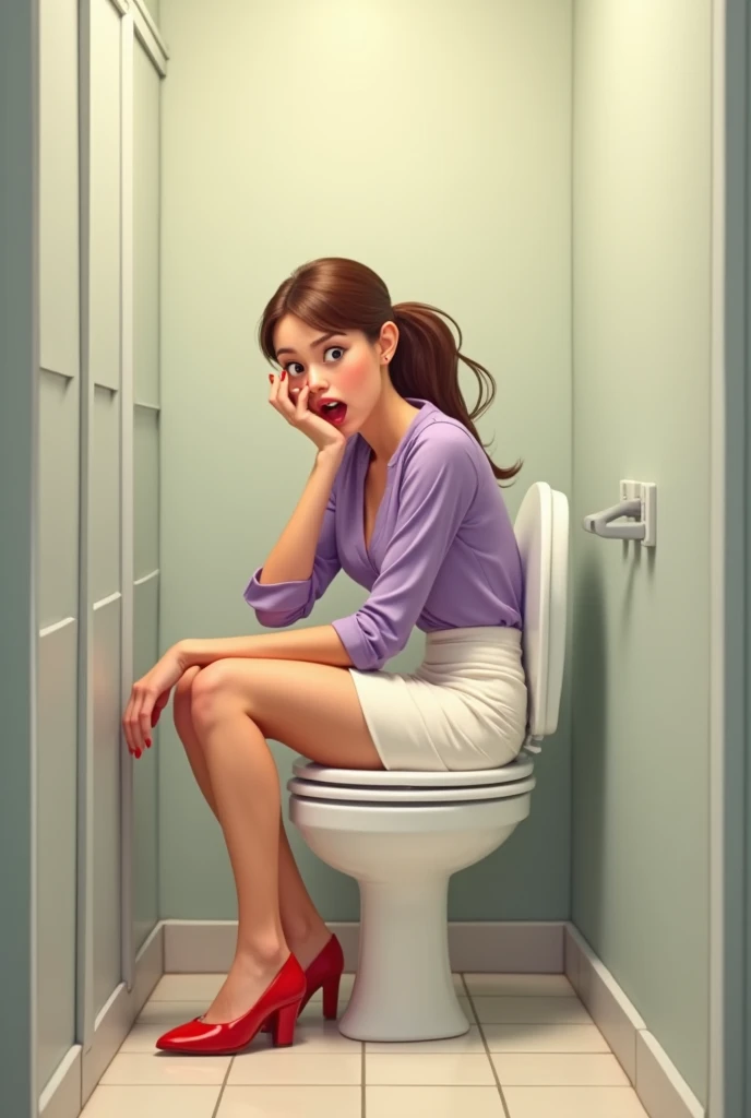 Make a detailed black and white line drawing for an adult coloring book of a scene of a newly pregnant woman vomiting into the toilet