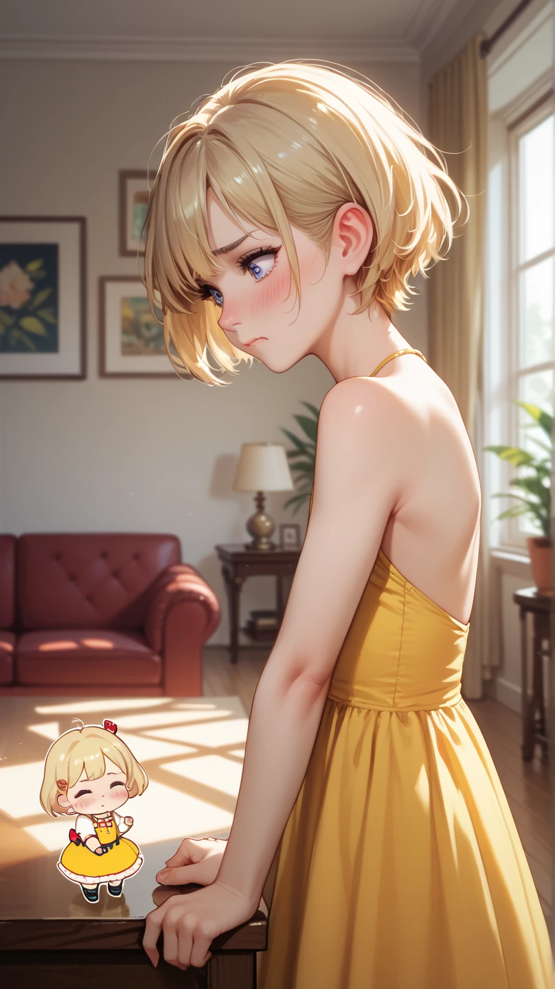 Chibi  girl, HD, High Resolution, Best Quality, Short Hair, Blonde Hair, Blush, Embarrassed, u derssing yellow dress,  in living room, from side, flat chested,