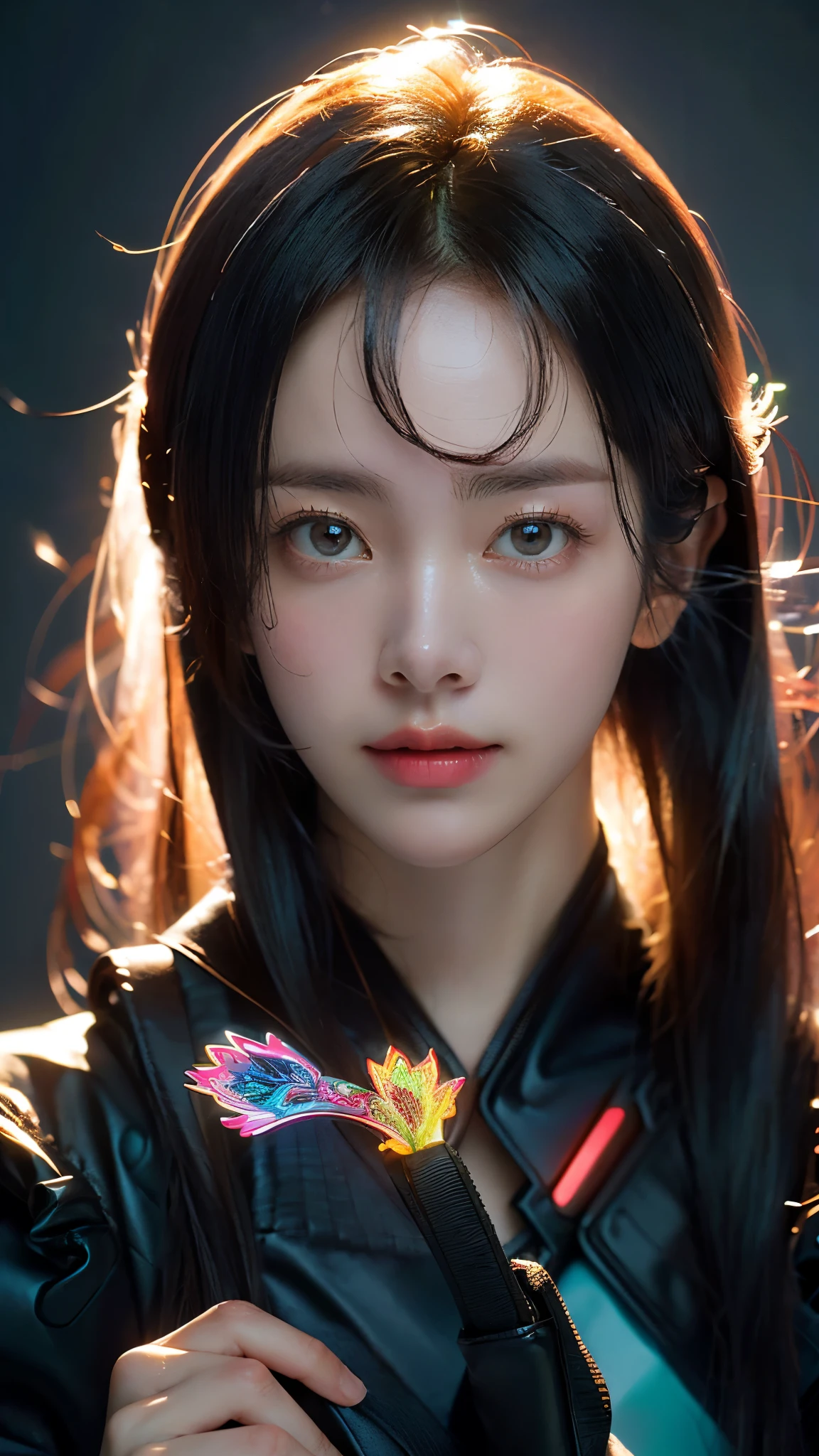 (masterpiece, highest quality, highest quality, Official Art, beautifully, aesthetic:1.2), Staring at the viewer, Portrait Photography, (Cyberpunk beautiful girl 1 person), Big iridescent eyes, Beautiful skin, (Pink and blue long hair with bangs), Very detailed, (Neon colored fractal art:1.3), Perfect lighting, Sharp focus, High resolution, High resolution, High color rendering, High resolution, Super realistic,