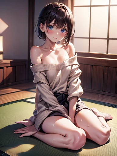 ryokan、Lying on a futon、(8K)、(Top image quality:1.2)、(Photorealsitic:1.5)、（1girll）、((fully formed human))、３D、shiny skin、detailed skin、office casual clothing、（toppless、small nipples、Wearing panties)、a large bust、japanes、adult  woman、25-years old、Brown hair、spread legs、(from overhead)