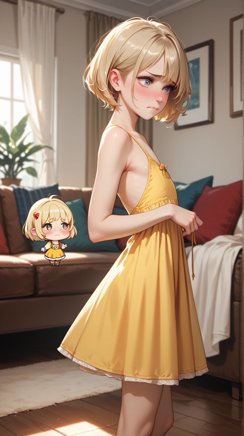 Chibi  girl, HD, High Resolution, Best Quality, Short Hair, Blonde Hair, Blush, Embarrassed, removing her  yellow dress,  in living room, from side, flat chested,