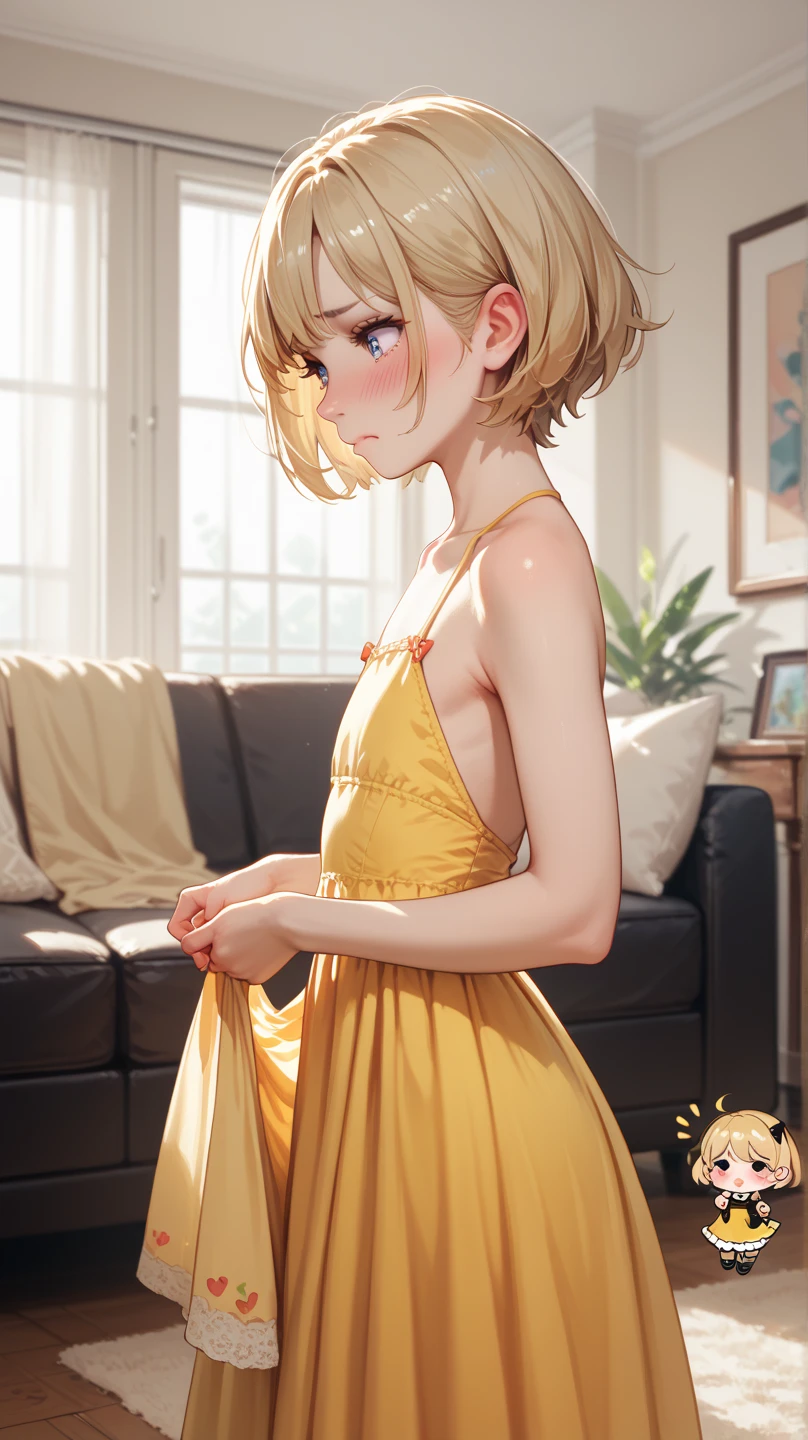 Chibi  girl, HD, High Resolution, Best Quality, Short Hair, Blonde Hair, Blush, Embarrassed,  hands removing her  yellow dress,  in living room, from side, flat chested,