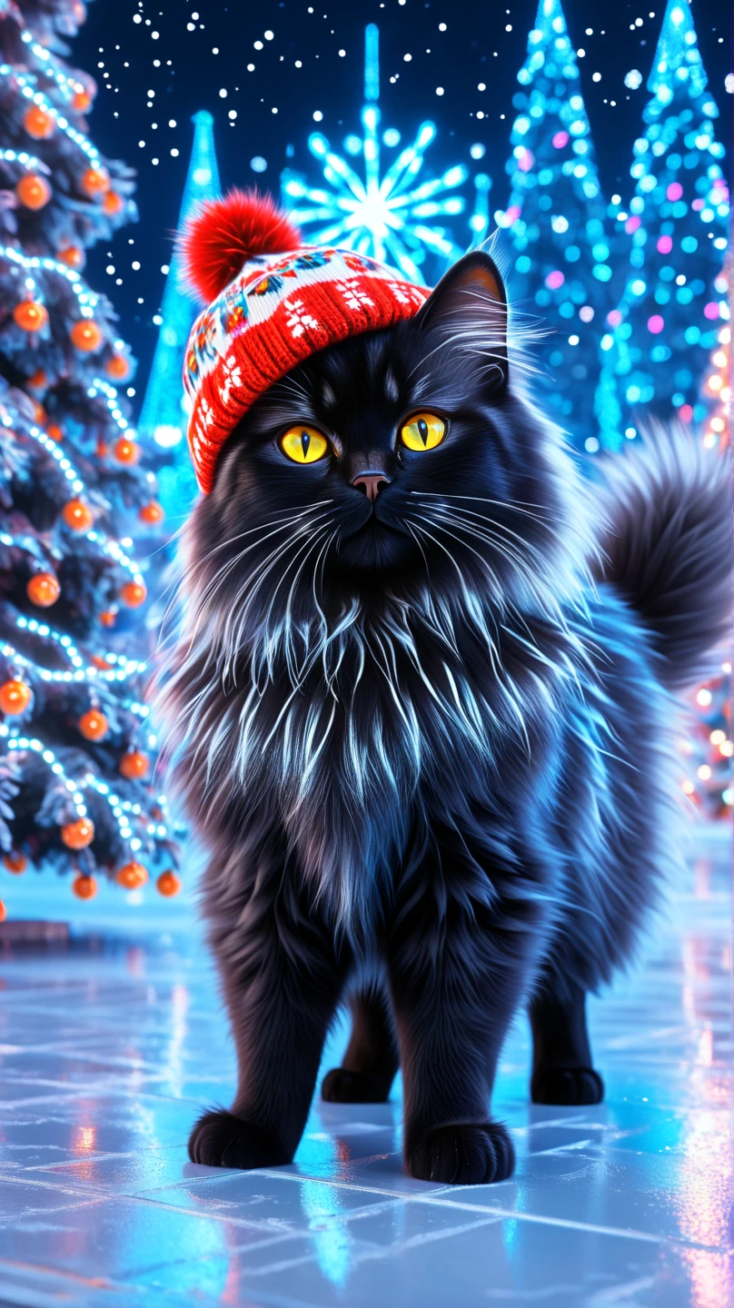   digital fluffy black Siberian cat super detail  ,with yellow detailed live reflective eyes ,  as realistic as possible , stands on its hind legs.  clear, detailed, beautiful fur  ,  of a very fluffy tail  ,   the cat has skates on its hind legs  ,   on top a cute knitted sweater with deer patterns  , on his head, a red knitted hat with a white pompom ,    the cat is standing in the middle of the ice rink ,the ice is clear and smooth ,  lit by bright neon lights ,  behind the skating rink is a large well-detailed Ferris wheel, it is illuminated by neon lights, behind the cat fluffy snow-covered Christmas trees  , the atmosphere of winter and Christmas ,  full night the sky is full of stars  ,  big flakes of snow are falling , overload ,  Colorful , fairy tale, fairy,   cinematic rendering of the character   ,   oil painting  , 3d,  8k resolution, Shine, shine, 