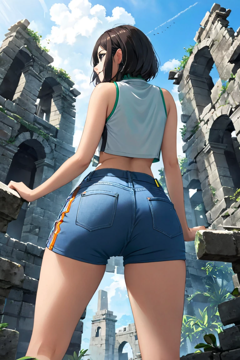 A female explorer is watching, Ancient City Ruins, cropped tops, short pants, back view from below,