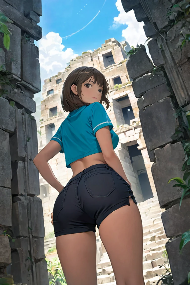 A female explorer is watching, Ancient City Ruins, cropped tops, short pants, back view from below,