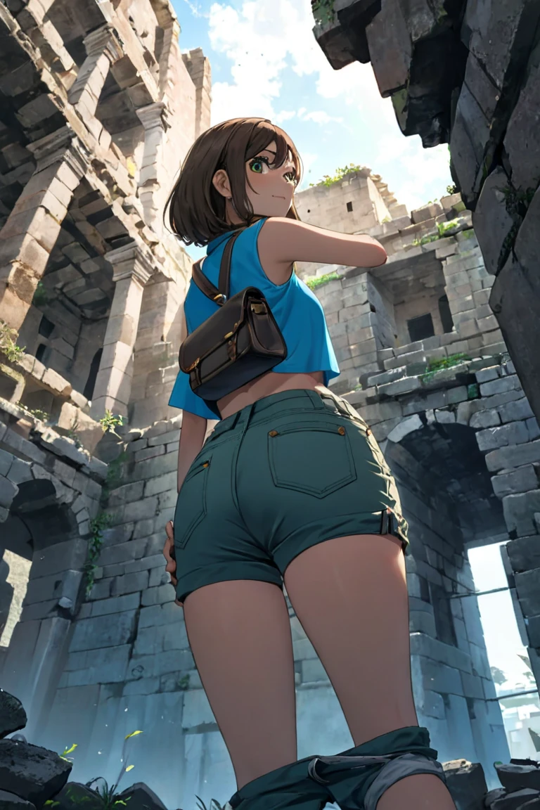 A female explorer is watching, Ancient City Ruins, cropped tops, short pants, back view from below,