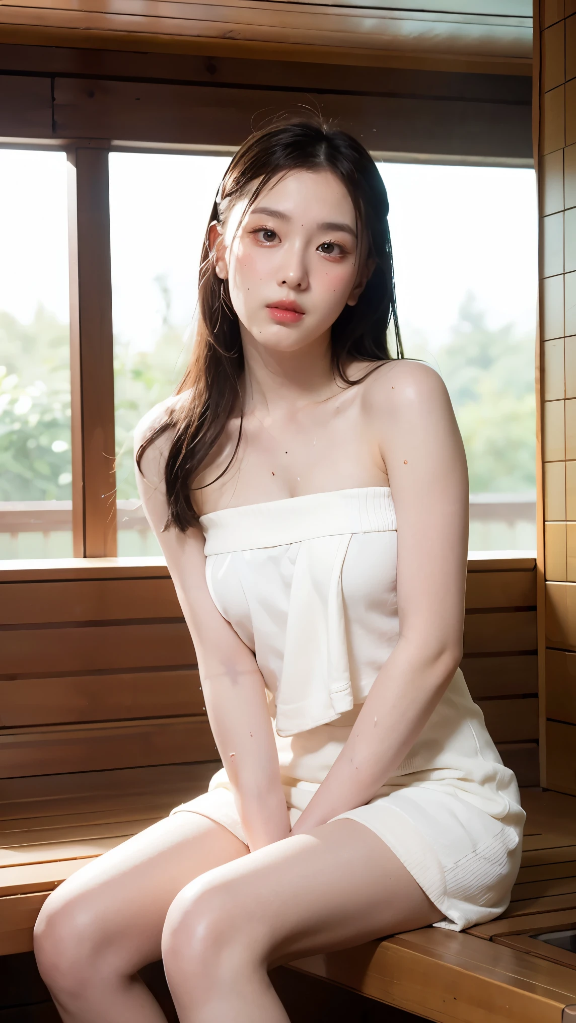 1Girl, Solo, (Masterpiece, Best Quality, 8K,,Photorealistic, real girl, mulberry:1.37), looking up at viewer, Slender body type: 1.1,, Sitting, sauna, A dark-haired, (Sweaty face, Sweaty body: 1.2): 0.2, (White Oversized Towel Dress, strapless),  realistic body, makeups, Gloss slip, focus on face, smaller face, Sharp focus, Layered Cut, facing the viewer, The sauna has the following.., shot from the front
