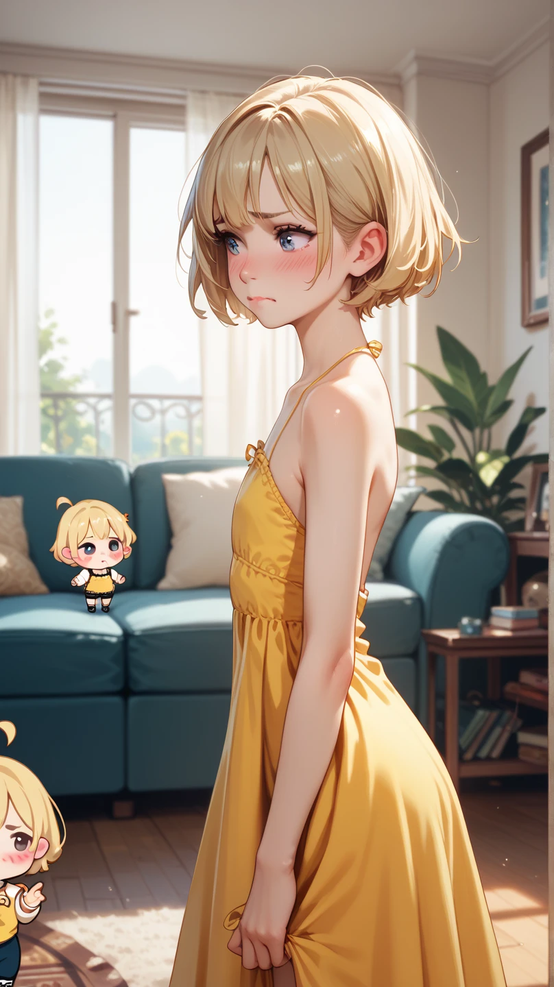 Chibi  girl, HD, High Resolution, Best Quality, Short Hair, Blonde Hair, Blush, Embarrassed, removing her  yellow dress,  in living room, from side, flat chested, half naked