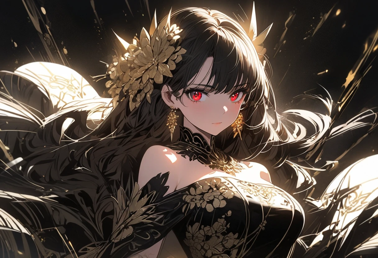  anime style beautiful woman, 1girl, red face, closed mouth, beautiful detailed eyes, super detailed skin, backlighting, bare shoulders, black background, black dress, black gloves, black hair, breasts, dress, earrings, fingerless gloves, floating hair, floral print, flower, gloves, gold earrings, gold hairband, hair flower, hair ornament, hairband, holding, holding weapon, jewelry, large breasts, long hair, looking at viewer, off-shoulder dress, off shoulder,red eyes, short hair with long locks, sidelocks, solo, spikes, thighs, two-sided dress, two-sided fabric