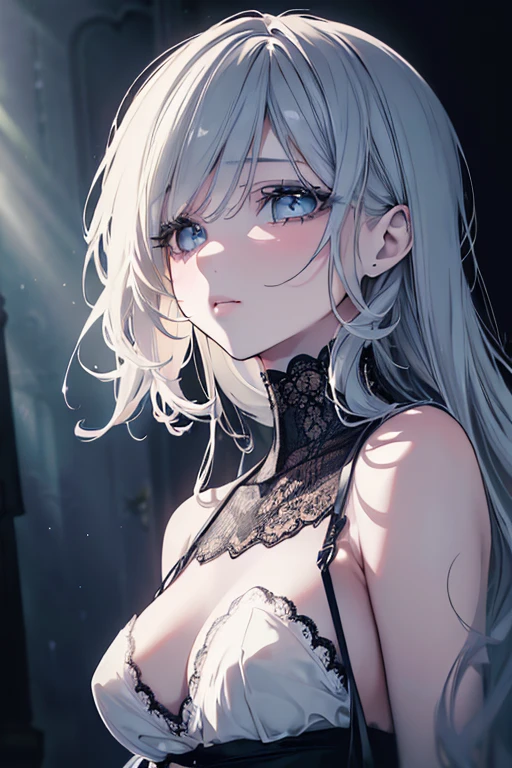 girl with, age19.o., Big eyes, (insanely detailed eyes:1.2),(White hair),
(spread breasts:1.2), (plunging neckline:1.2), (鎖骨, cleavage:1.2), (body suit:1.2),Smile,
(Sparkling lighting:1.2), (Upper body view:1.5), (From  above:1.7), (Close-up
Face and chest:1.7), Sit on the bed,
Best Quality, (Shallow depth of field:1.3), Insanely detailed illustrations, Look at the viewer,