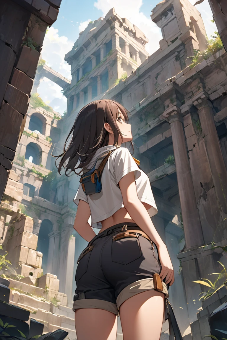 1girl, adventurer, ancient ruins, surprised, hot weather, backpack