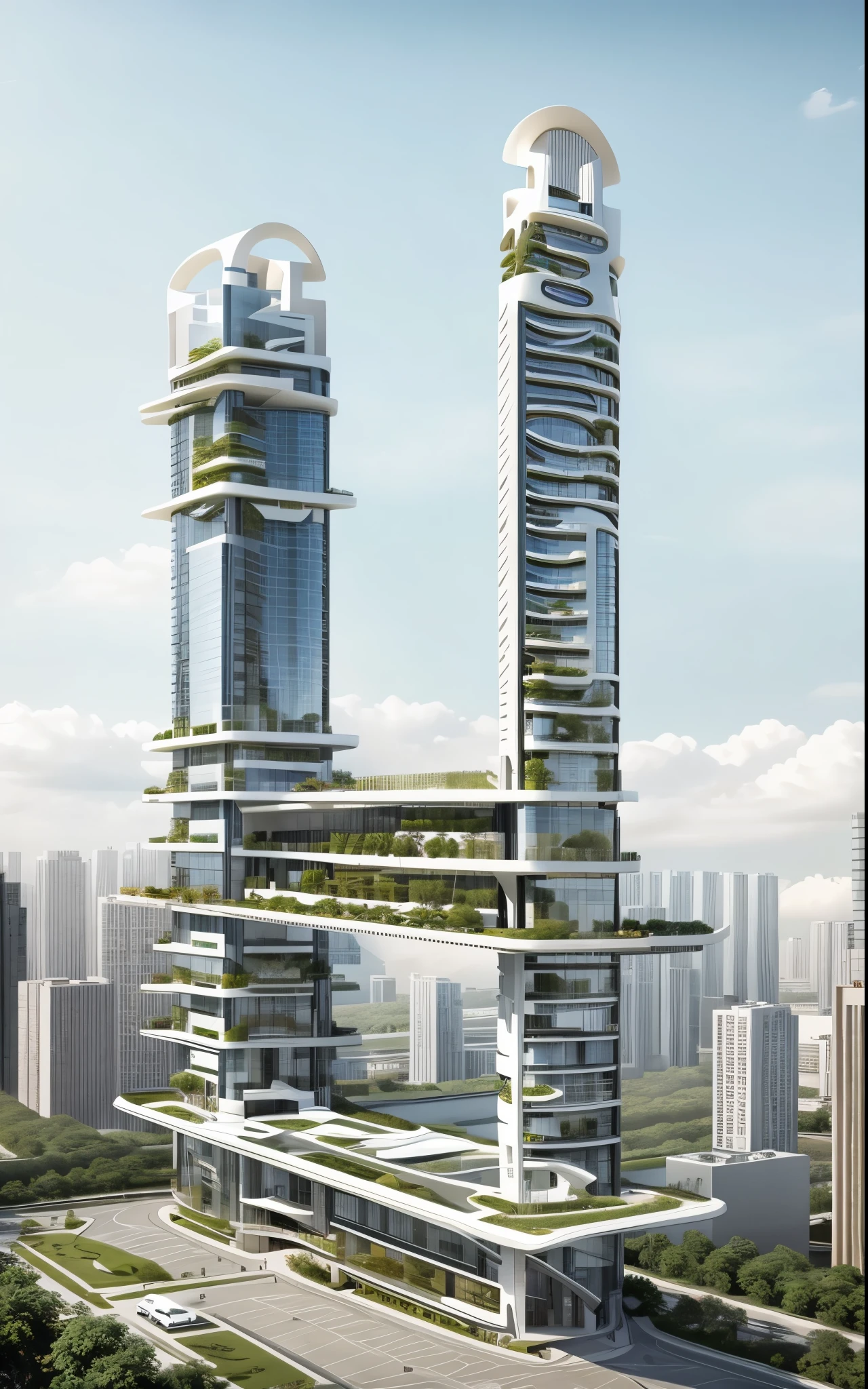 building designed by Zaha Hadid, outstanding single  building, a modern building with city park, sidewalks around the building, blue sky, hanging gardens, sustainability, future technology,  masterpiece, art, better resolution, pool, park