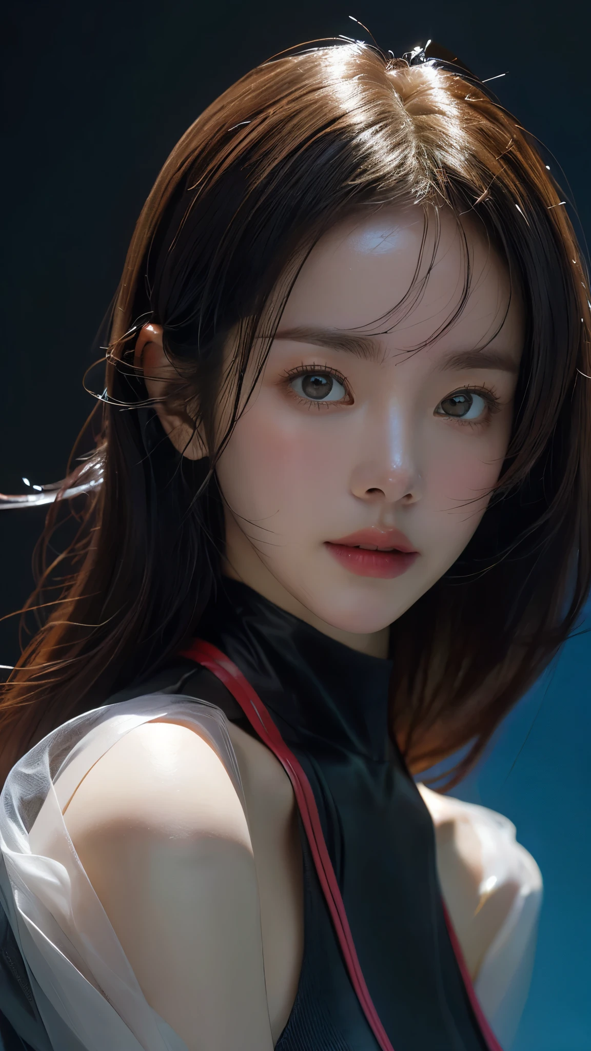 (masterpiece, highest quality, highest quality, Official Art, beautifully, aesthetic:1.2), Staring at the viewer, Portrait Photography, (Cyberpunk beautiful girl 1 person), Big iridescent eyes, Beautiful skin, (Pink and blue long hair with bangs), Very detailed, (Neon colored fractal art:1.3), Perfect lighting, Sharp focus, High resolution, High resolution, High color rendering, High resolution, Super realistic,