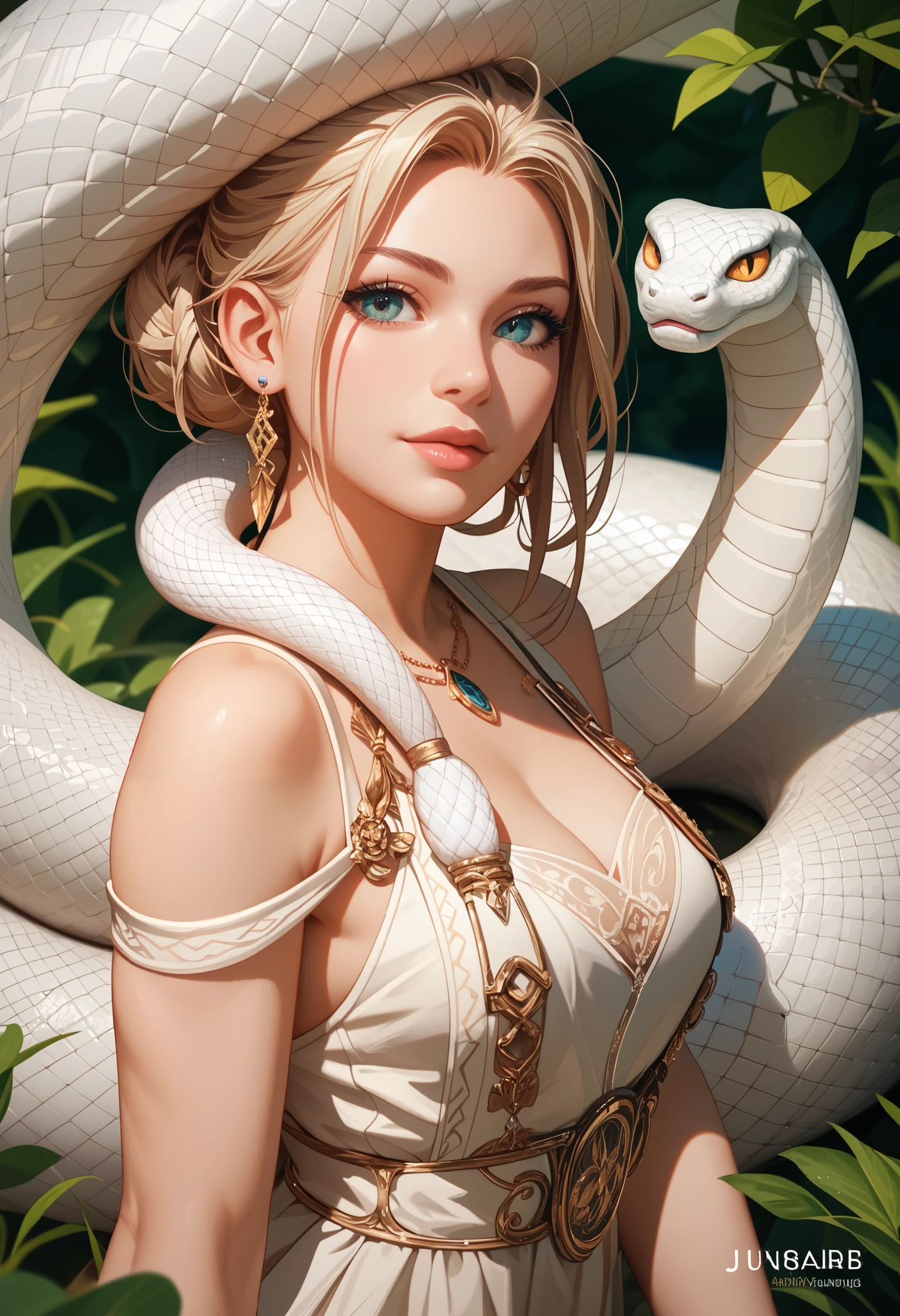 Tia is shown to have a fairly slender figure. She has white-grey hair , she has short hair and large pale green eyes, A beautiful girl wearing brightly colored clothes, snakes wrapped around her neck in an overlapping and overlapping manner, and the snakes descended on her hand and I planted them.  The snakes are shown beautifully intertwining with each other to form a wonderful design.
 This image indicates strength, boldness and control.  Snakes symbolize danger and threat, yet the girl controls them and controls them with confidence.  Snakes highlight extreme beauty and courage, which women also reflect.
 The image also shows the aesthetic importance of coordination and gradation, as different colors blend together and fit well with the beauty of snakes.  This also indicates the profound importance of balance and harmony in life., cleavage exposed, big breasts, superior quality, many details, Puri focus  Sharp and realistic