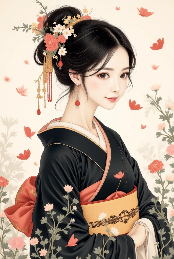 (traditonal chinese ink paiting),portrait,1woman, flying petals,Upper body, black_yukata,hair_decoration,