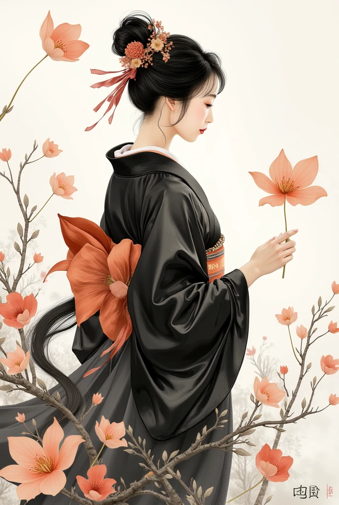 (traditonal chinese ink paiting),portrait,1woman, flying petals,Upper body, black_yukata,hair_decoration,