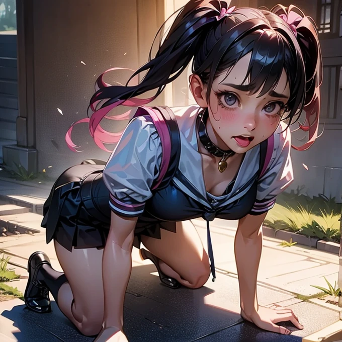  Girl with Short Black Hair in Twin Tails、  College Student 、 summer uniform 、 on all fours,  Being Forced to Walk the Dog , Wear a lead and collar,  frustrated, Reversal of the Roles of Master and Servant , Large Dogs, Bullying,  being humiliated in public , (  best quality , 4K,  high definition ,   Masterpiece :1.2),  super detailed, (Realistic, photoRealistic, photo-Realistic:1.37),  Dark Gothic Style ,  vibrant colors,  Dramatic Lighting、shame