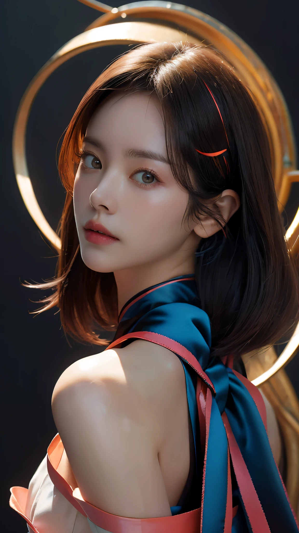 (masterpiece, highest quality, highest quality, Official Art, beautifully, aesthetic:1.2), Staring at the viewer, Portrait Photography, (Cyberpunk beautiful girl 1 person), Big iridescent eyes, Beautiful skin, (Pink and blue long hair with bangs), Very detailed, (Neon colored fractal art:1.3), Perfect lighting, Sharp focus, High resolution, High resolution, High color rendering, High resolution, Super realistic,