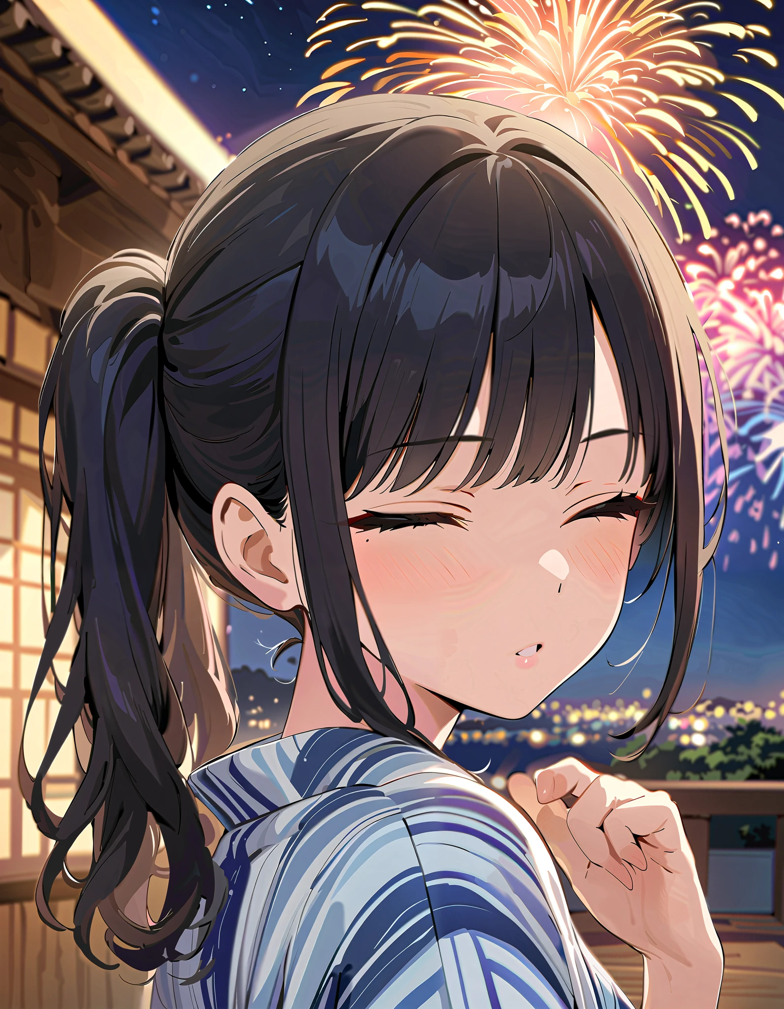 (masterpiece),( best quality),(  Very detailed),(  Best Shadow ),(  detailed background ),( Very Beautiful ), Official style, Hiori Kazano,  ponytail,  black hair ,  small breasts,  cleavage, ( red cheeks :1.2), (yukata:1.2), incoming kiss, closed eyes, (Fireworks), (night:1.3), ( upper body:1.2), (face focus:1.2), (throw:1.2),  real skin 