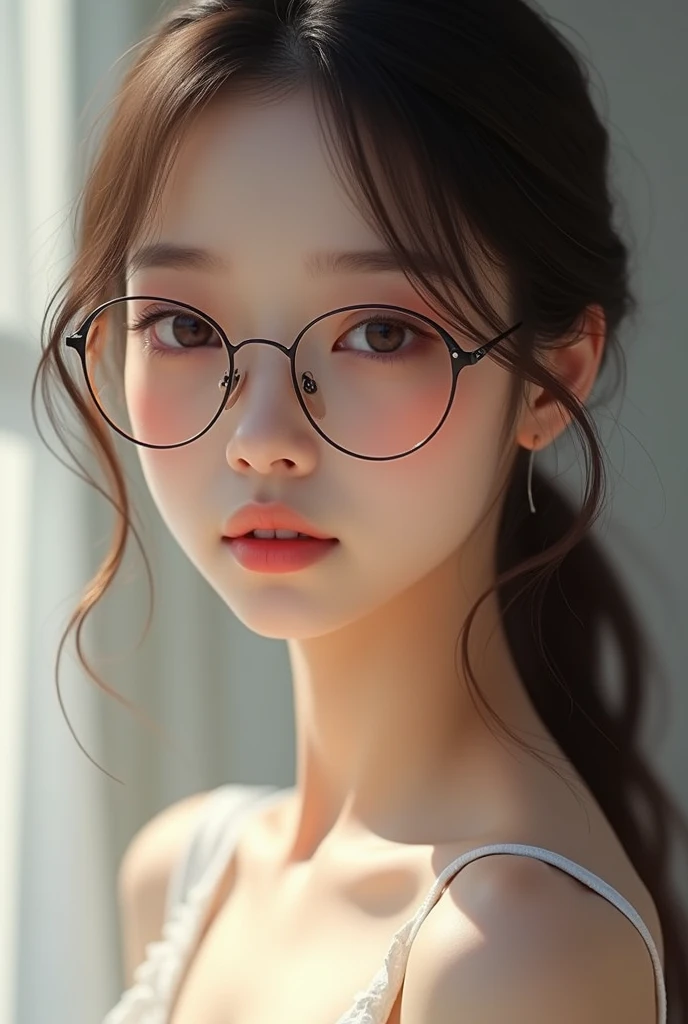 NSFW,elementary school girl,beautiful face,detailed face,ditailed white skin,thin eyebrows,small eyebrows,duck mouse,light smile,silver frames eyeglasses,